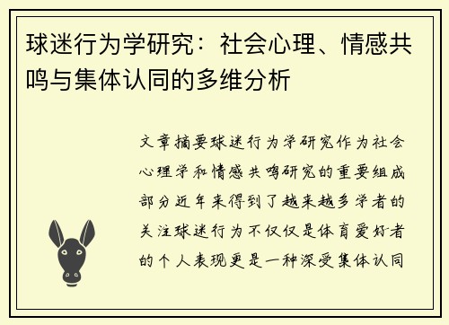 球迷行为学研究：社会心理、情感共鸣与集体认同的多维分析