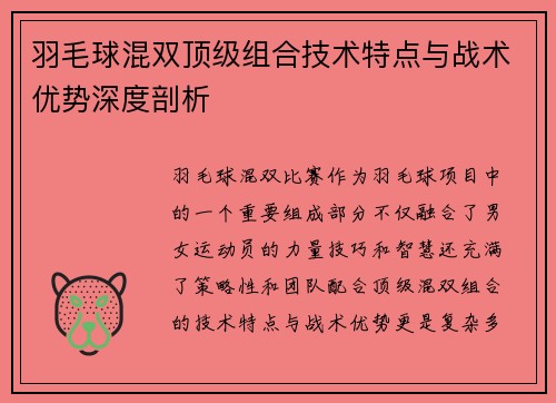 羽毛球混双顶级组合技术特点与战术优势深度剖析